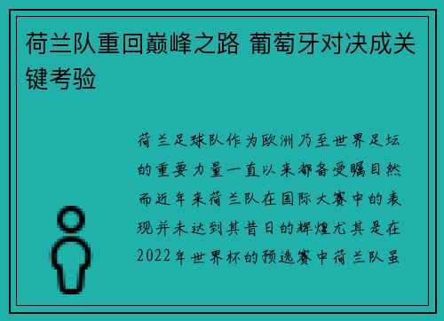 荷兰队重回巅峰之路 葡萄牙对决成关键考验