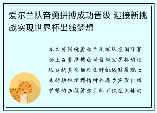 爱尔兰队奋勇拼搏成功晋级 迎接新挑战实现世界杯出线梦想