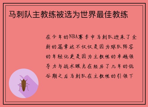 马刺队主教练被选为世界最佳教练