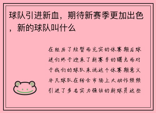 球队引进新血，期待新赛季更加出色，新的球队叫什么