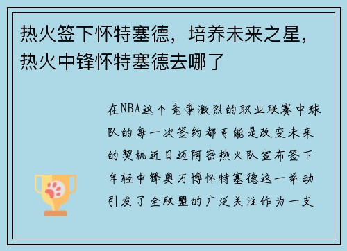 热火签下怀特塞德，培养未来之星，热火中锋怀特塞德去哪了