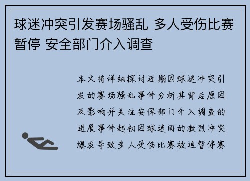 球迷冲突引发赛场骚乱 多人受伤比赛暂停 安全部门介入调查